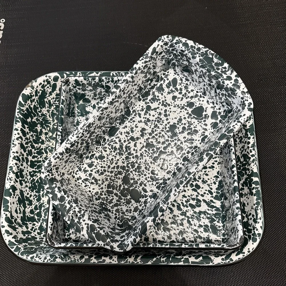 Vintage Green White Splatter Enamelware Serving Trays Set of 3 Spatterware